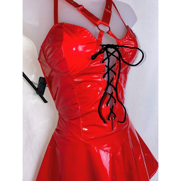 New S Lace Up Corset Vegan Leather Latex Red Devil Halloween Costume Set Props - Picture 3 of 7